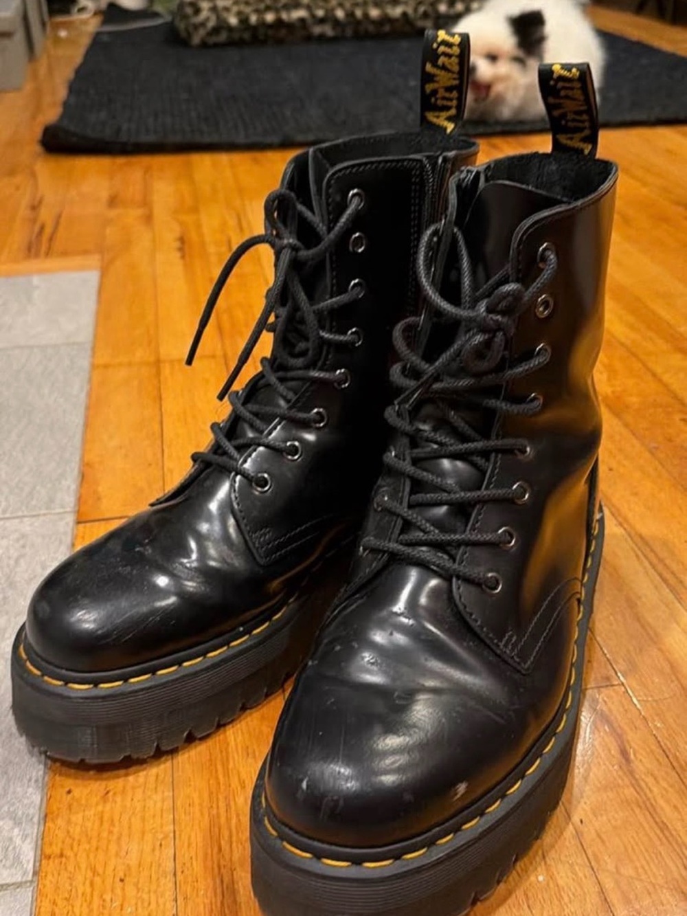 Dr. Martens Black Lace-Up Platform Combat Boots with Yellow Stitching